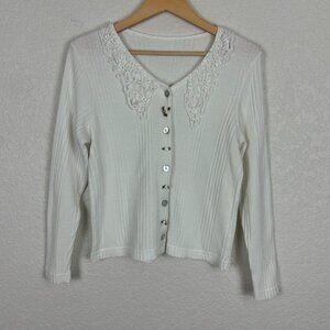 White Button-Up Top With‎ Lace Collar Womens Small Cottagecore Grandma Coquette